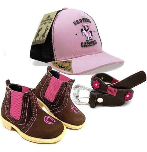 Kit Infantil Feminino Menina Bota Couro Rosa Cinto Flor Bone