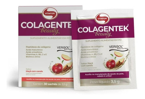 Colagentek Beauty Vitafor Colágeno Verisol + Ác Hialurônico Sabor Maçã Com Canela (30 Sachês
