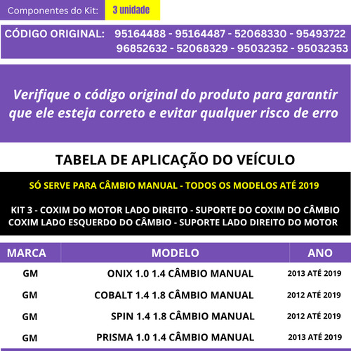 Kit 3 Coxim Motor Câmbio Manual Onix Cobalt Spin 2012 A 2016