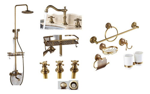 Set Baño Bronce Con Ducha, Griferia Deck, Bidet Y Accesorios