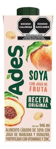 3 Pza Alimento Bebida De Soya Ades Sabor Durazno 946 Ml
