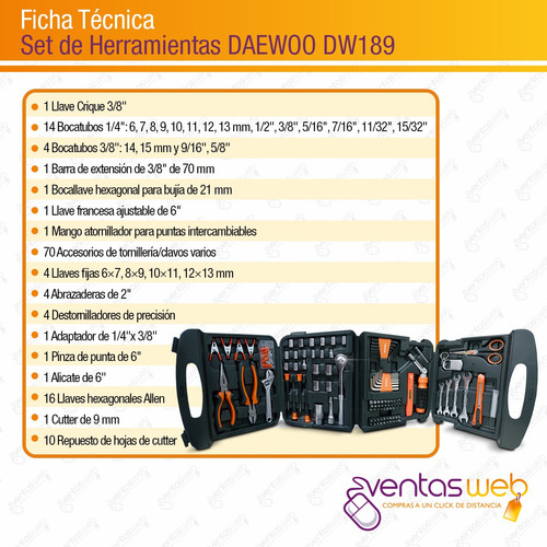 Imagen 6 de 8 de Set De Herramientas Manuales 189 Piezas Daewoo C/ Maletin