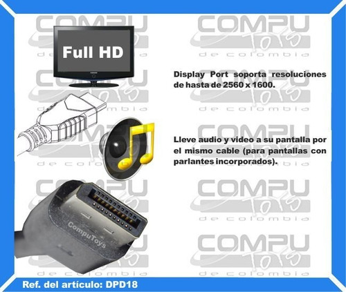 Cable 1.8 M Display Port Machos Ref: Dpd18 Computoys Sas