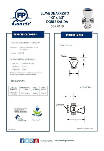 Imagen 2 de 3 de Llave De Arresto Doble Salida Fundición Pacífico 1/2 X 1/2