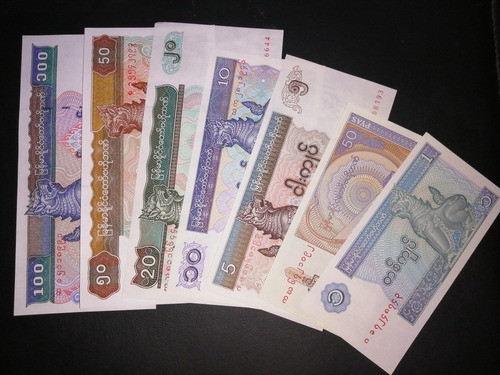 Colección De 7 Billetes, Myanmar, Nuevos (Usado)