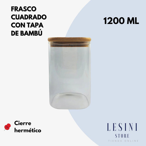 Imagen 4 de 10 de Set X 2 Frascos De Vidro Cuadrado Con Tapa Bambú 1200 Ml