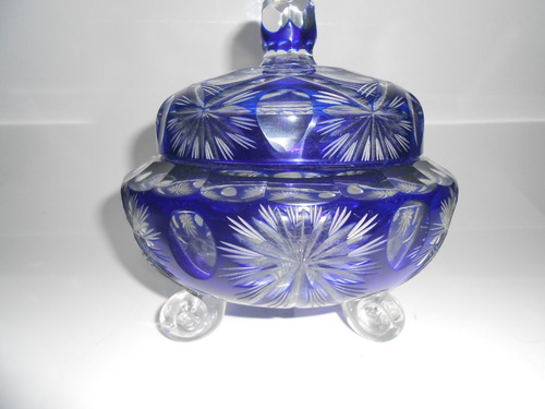 Centro De Mesa Caramelera Cristal Tallado A Mano Azul