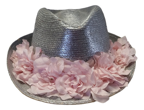 Sombrero Plateado Brilloso Con Flores De Tela