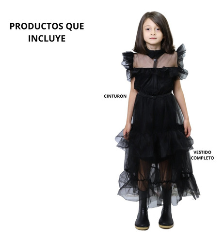 Imagen 3 de 9 de Disfraz Vestido Merlina Addams Noche De Baile Los Locos Addams Infantil Niña