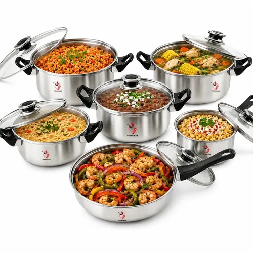 Batería De Cocina Juego De Ollas Acero Inoxidable 12 Piezas VIVACASA plateado,con Antiadherente sartenes de acero inoxidable Juego De Sartenes Wok Y Ollas,Compatible Con Gas juego de ollas acero