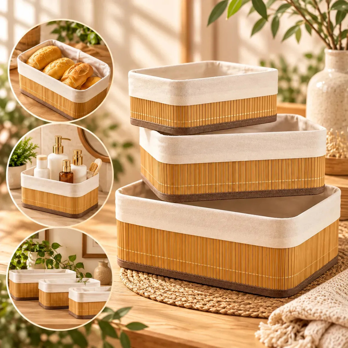 Kit 3 Cestos Organizadores de Bambu Retangulares com Forro Lavável Multiuso Organizar Casa Banheiro Cozinha Guarda-Roupa Lavanderia Armazenamento de Objetos - Nany Pink