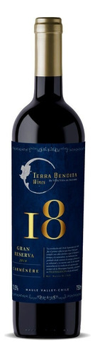 Vinho Carménère 18 Gran Reserva 2018 adega Terra Bendita Wines 750 ml em um estojo de madeira
