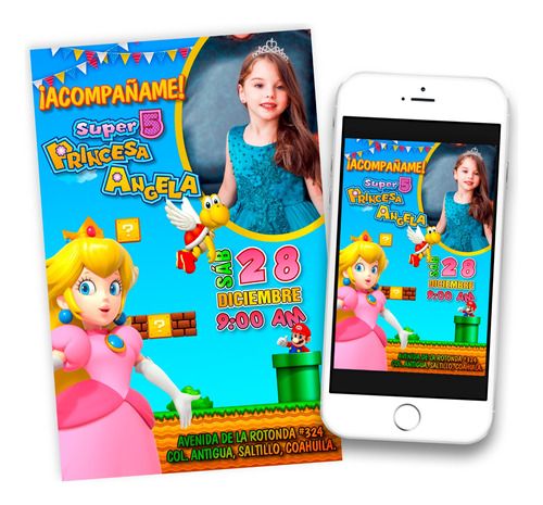Invitación Digital  Princesa Peach Mario Bros 03 Imprimible 
