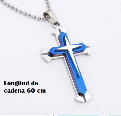 Collar Mujer Cadena Hombre Dije Cruz Metal Azul Celeste Azul
