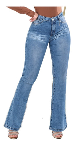 Calça Flare Jeans Feminina Cintura Alta Com Elastano Clara