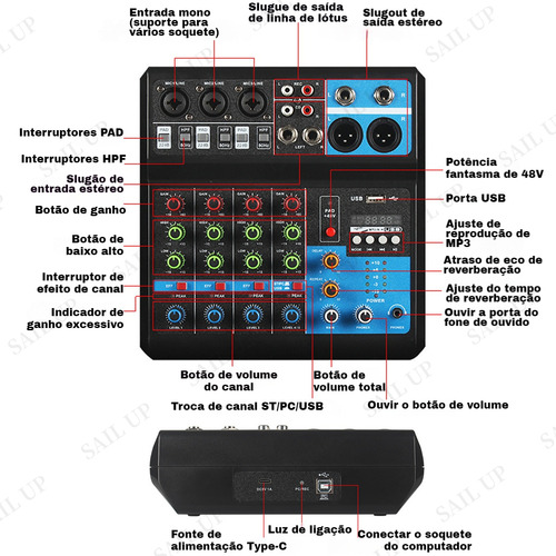 Mesa De Som Com Bluetooth 5 Canais Gravação Computador