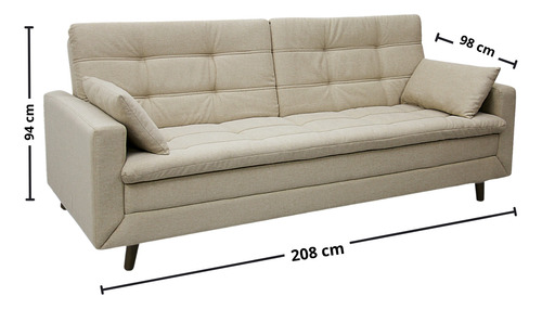 Sofá Cama New Jully 208cm Linoforte Com Braços Pés Madeira Bege Liso