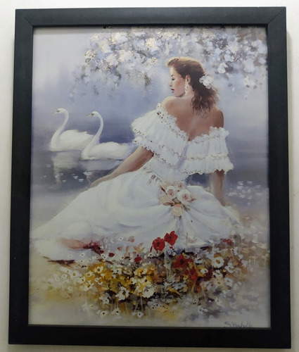 Rachelle / Señorita Con Cisnes Litografía Enmarcada 55 X 45 