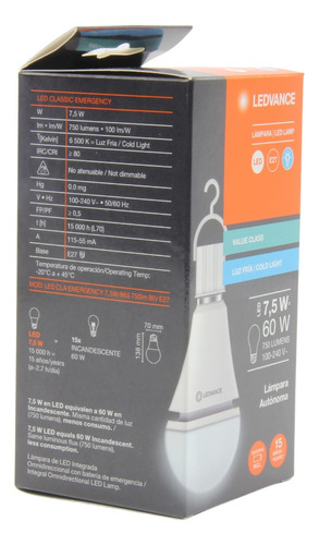 Foco Ledvance De Led De Emergencia 7.5w 100-240v 6500k E27
