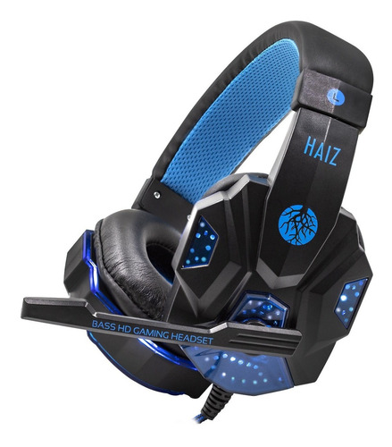 Fone de ouvido on-ear gamer Haiz Deneb 1802 preto e azul com luz LED