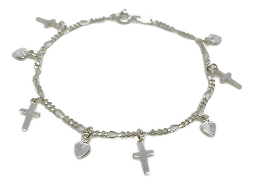 Pulsera Dijes Cruces Y Corazones Plata 925 18,5 Cm