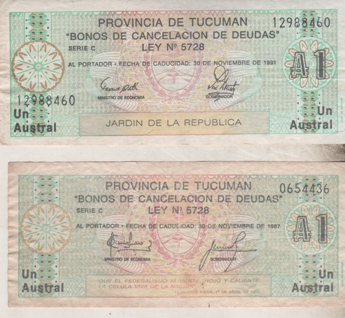 2 Bonos De Tucuman * 1 Austral * Año 1987 Y 1991
