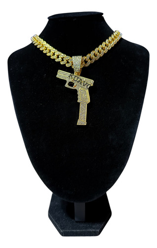 Collar Cubana Ice + Pistola Glock Ice Strass Simil Oro Trap Dorado