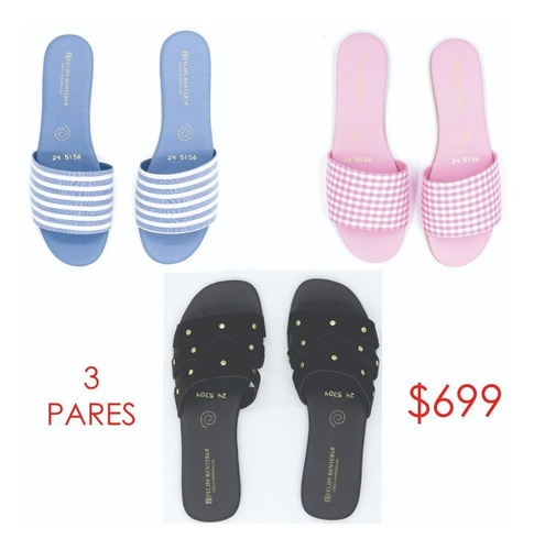 Imagen 2 de 9 de Sandalias Mujer Moda Flat Felipe Rentería Kit 3pares Tripack
