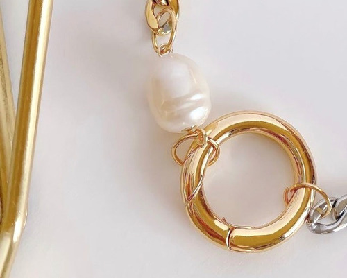 Pulseira Corrente Larga Banho Ouro E Prata Pingente Comprimento 16 Cm Cor Dourado-escuro Diâmetro 5.5