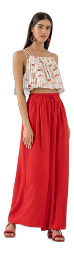 Calça Pantalona Em Crepe Com Elástico Cós