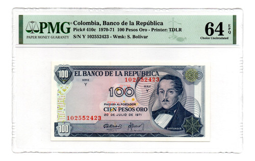 Billete Colombia 100 Pesos Certificado 20 De Julio 1971