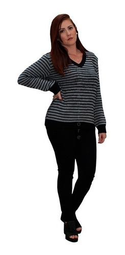 Blusa  De Frio Feminina Listrada Tricot Crochê Manga Longa