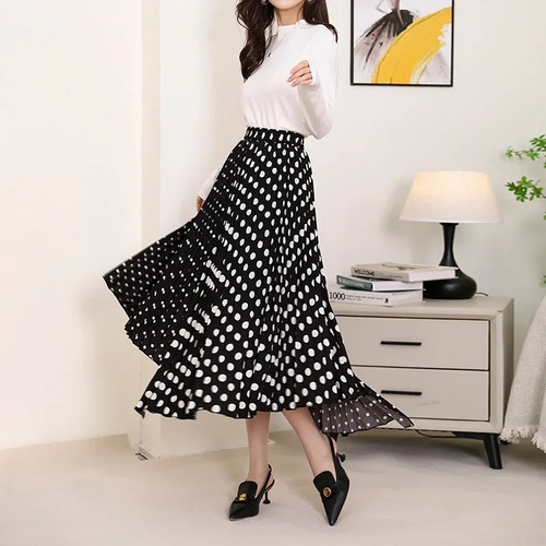 Falda Midi De Lunares Para Mujer, Plisada En A, Versátil