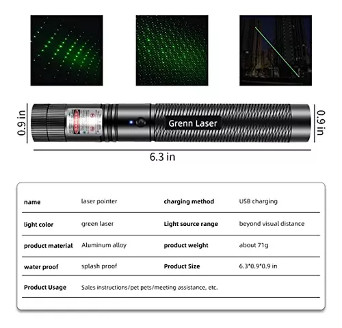Puntero láser Gree, puntero láser de alta potencia de largo alcance de  10000 pies de haz verde visible, puntero láser verde recargable de alta