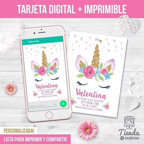 Imagen 2 de 4 de Invitación Digital + Imprimible - Unicornio Con Flores