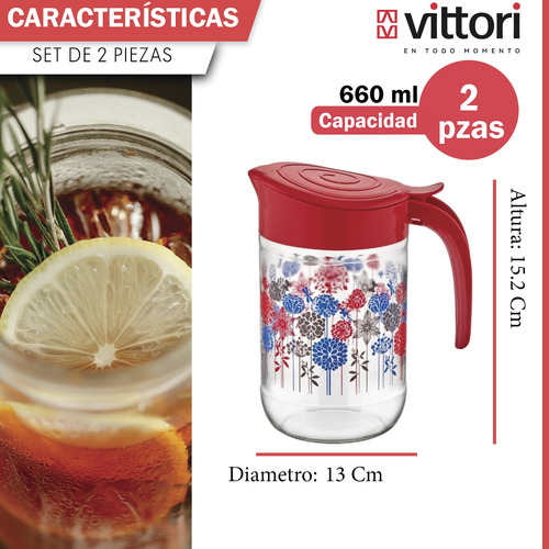 Set 2 Piezas Jarra De Vidrio Decorada 660 Ml