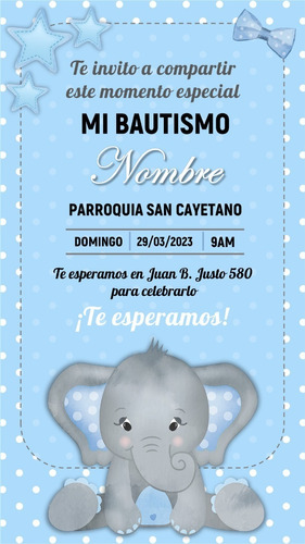 Invitación Tarjeta Digital Personalizada Elefante Bautismo