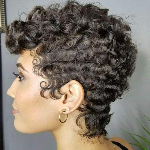 Wu- . Cabello Humano Natural Ondulado Corto Peluca Pequeña