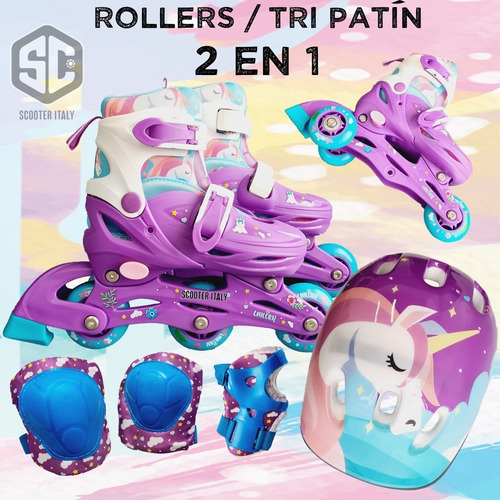 Imagen 5 de 10 de Rollers Patin 2 En 1 Extensibles Unicornio Completo Scooter