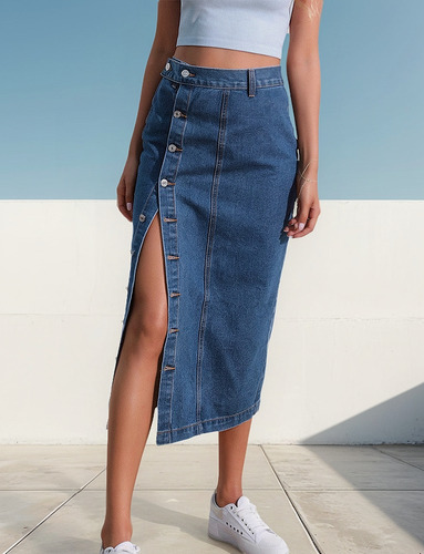 Falda Vaquera Irregular Abotonada Para Mujer
