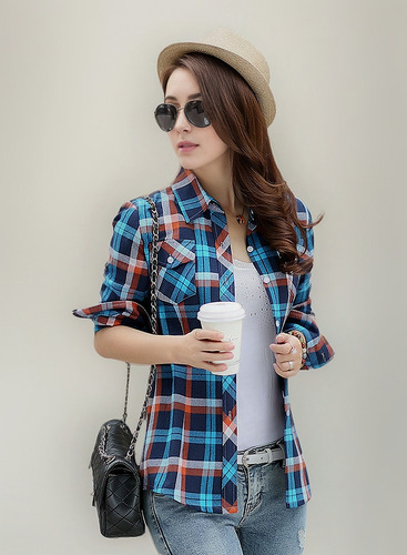 Ha Camisa De Mujer A Cuadros Tallas Grandes Algodón Slim Fit