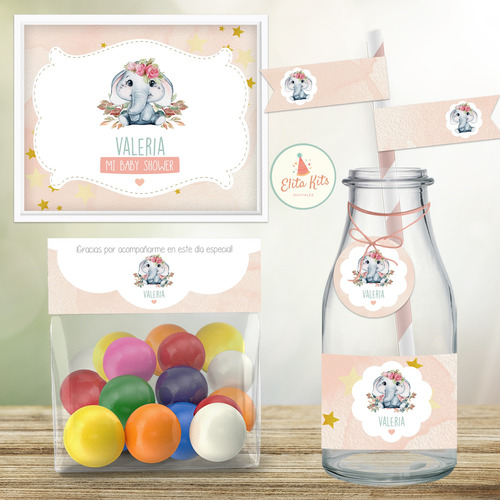 Kit Imprimible Elefante Flores Rosa + Banner, Personalizado