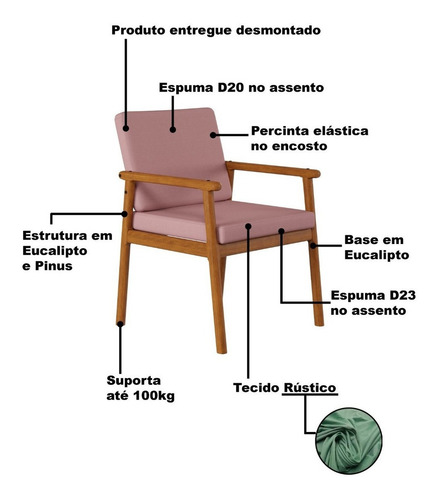 Poltrona Premium Up Com Base De Madeira Linho Rosê