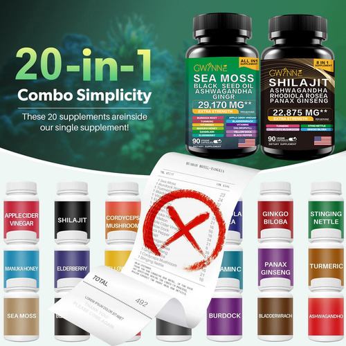 Gwynne Shilajit And Sea Moss Bundle 90 Cápsulas-contiene 29170 Mg De Musgo Marino, Aceite De Semilla Negra, Etc Y Contiene 22875 Mg De Shilajit,rhodiola Rosea, Etc,all In 1 Supplements