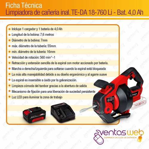 Imagen 9 de 10 de Maquina Destapa Cañeria Inalambrica Einhell Bateria 4 Amp