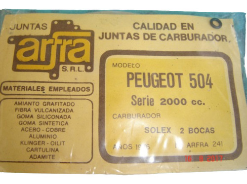 Juego Juntas Carburador Solex 2bocas Peugeot 504 2000cc 1976