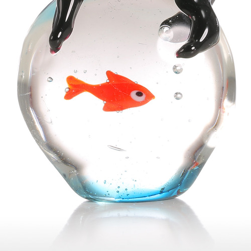 Figura Decorativa De Cristal Con Forma De Gato Y Pez Dorado,