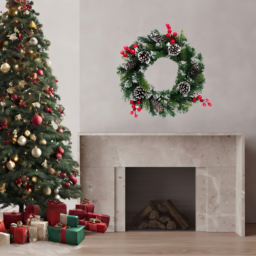 Guirlanda Natalina De Luxo 40 Cm Pinhas E Neve Grande Natal Cor Verde / Vermelho / Branco / Marrom