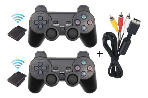 2 mandos inalámbricos Lever Ps2 Playstation 2 + Rca AV Cable color negro