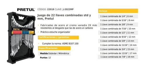 Juego De Llaves Combinadas 22 Pzas Pretul 22018